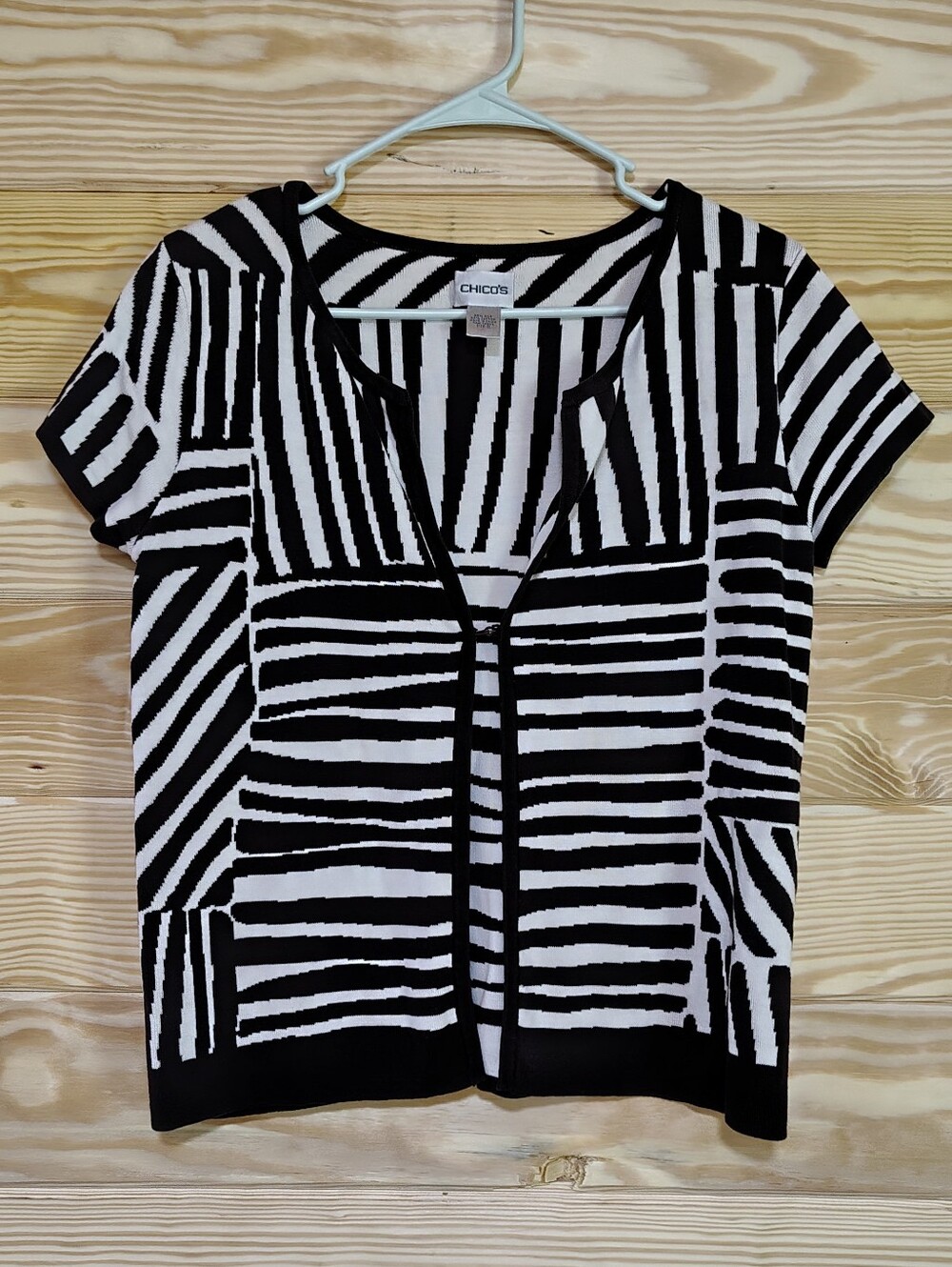 Chico’s Cardigan Black White Silk Cotton Stripe Short Sleeve Shrug Size 0/Small